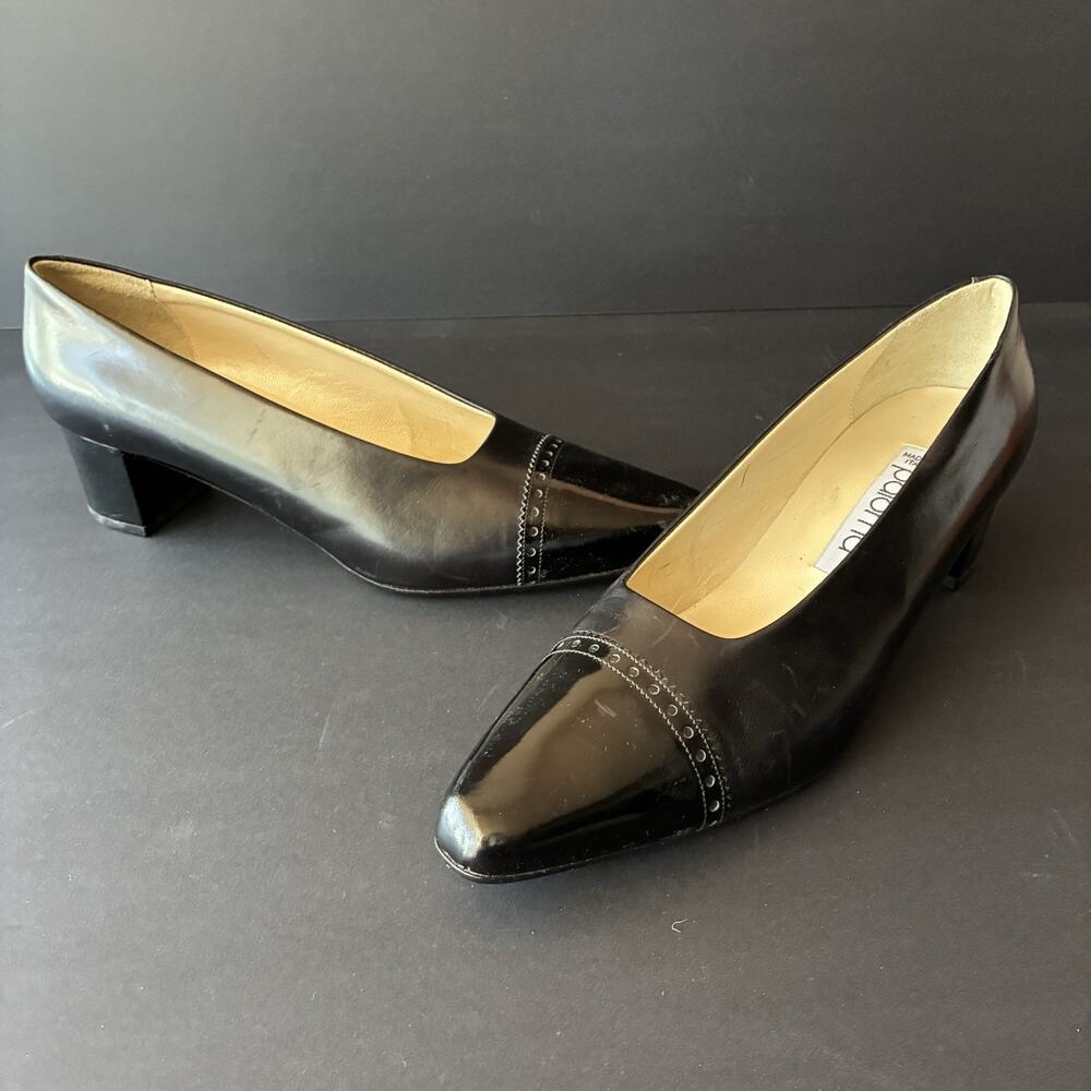 Paloma Black Leather Patent Leather Low Heel Cap Toe Pumps Size 10B Italy
